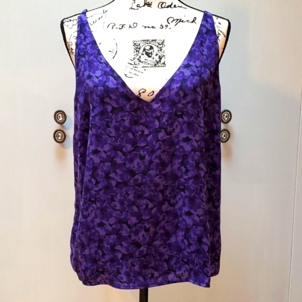 Womens Purple Black Floral Camisole Top Adjust Straps V Neckline Careerwear Sz.L